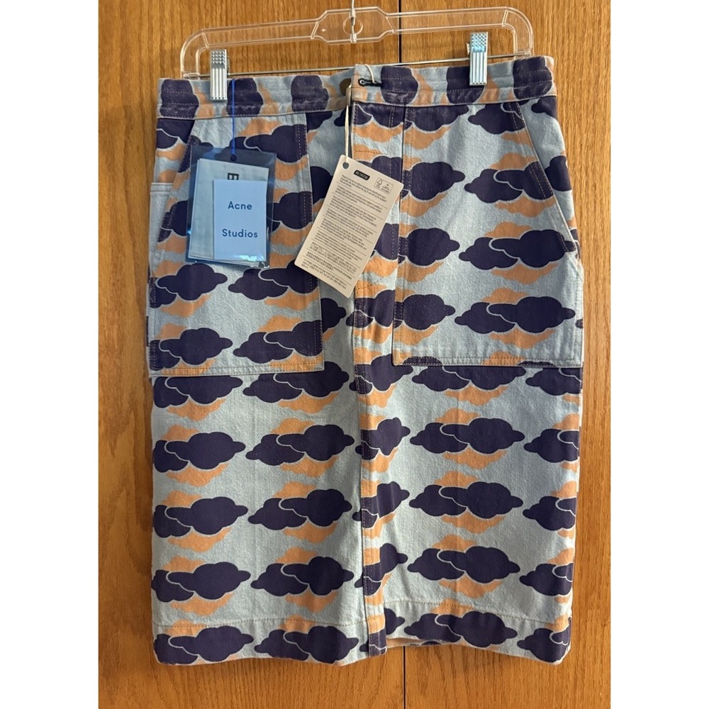 ACNE STUDIOS Blå‎ Konst Wm 34 NWT Denim SKIRT Jean Cloud Print Holographic Patch